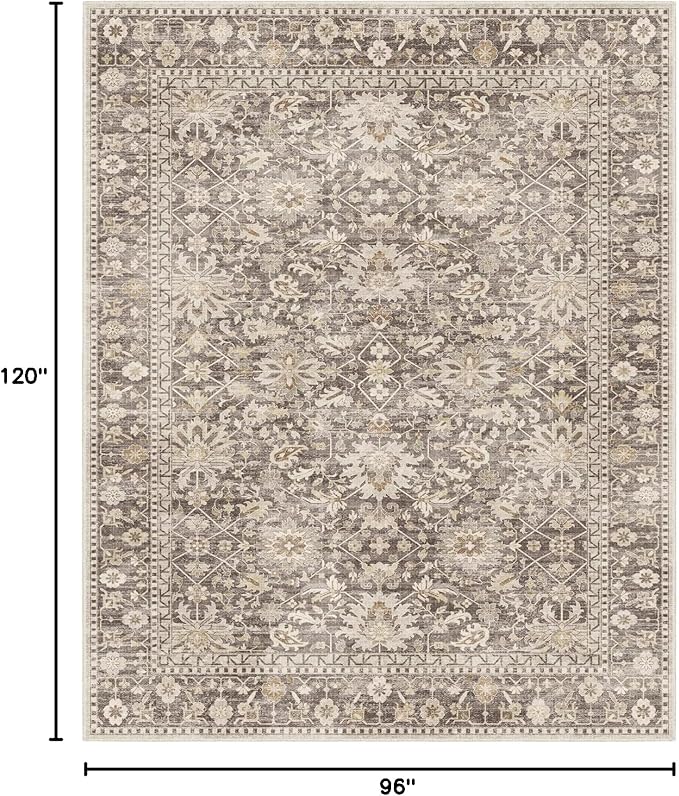 8X10 Area Rugs Machine Washable Rugs for Living Room Bedroom Hallway, Non Slip Indoor Soft Accent Distressed Boho Vintage Print Lightweight Thin Low Pile Carpet (Coffee, 8X10)