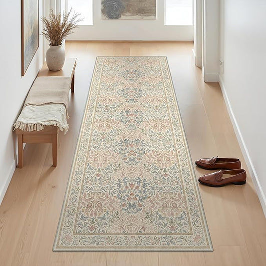 GENIMO Floral Washable Runner Rug 2’6”x8’, Non-Slip Long Hallway Carpet for Entryway, Kitchen, Indoor Floor Use, Vintage Boho Soft Thin Rug Décor, Beige Pink