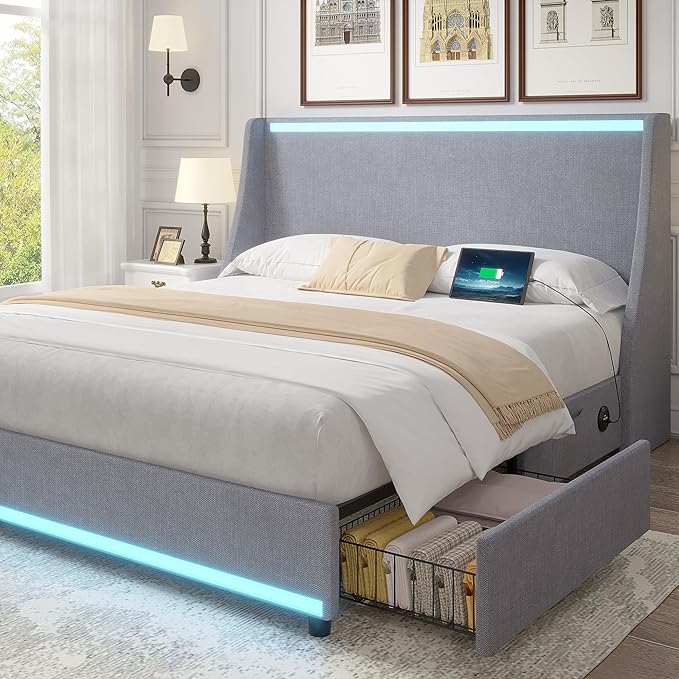 VECELO Queen Size Bed Frame with Storage Drawers, Upholstered Platform Bedframe with Wingback Headboard, No Box Spring Needed, Classic Grey