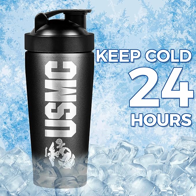 Military Gift Shop 24 oz Insulated USMC Shaker Bottle with Marine Corps Logo–24oz Water Bottle–Cup for Protein Shakes USMC Gifts | USMC Shaker Cup