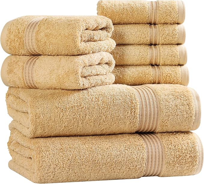 Superior Egyptian Cotton 8-Piece Towel Set, Assorted Towels for Home Bathroom, Guest Bath Decor Essentials, Includes 2 Bath, 4 Hand, 2 Face Towels/Washcloths, Quick Dry, Absorbent, Gold