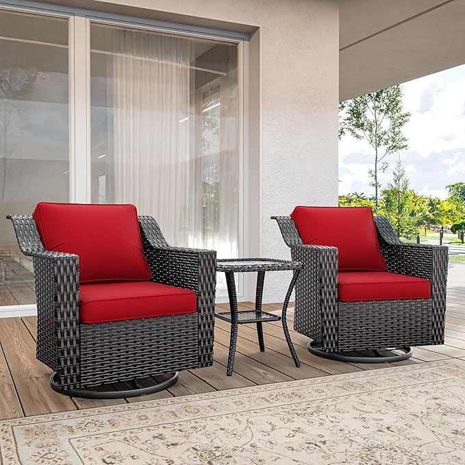 3 Pieces Wicker Patio Furniture, Luxury Outdoor Rattan Furniture with 2 Patio Swivel Chair,Side Table, Wide Armrest, Thickened Cushions, Ideal for Deck, Porch Use