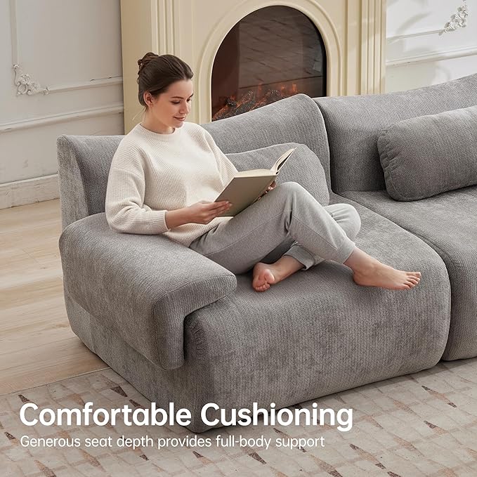 117”L Shaped Modern Sofa Modular Sectional Cloud Couch with Ottoman,Oversized Boneless Sofa,3+1 Seater Chenille Deep-Seat Sofa with 3 Pillows,Suitable for Living Room or Bedroom (Grey)