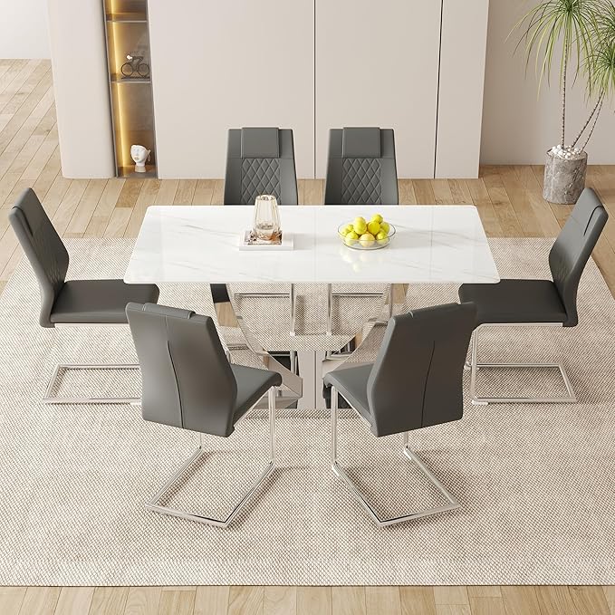 AZmac 63" Modern Dining Table Set for 6, White Dining Room Set for 6, Tempered Glass Kitchen Table and PU Leather Chairs, Marble Pattern Top with Sturdy Silver Chrome Base