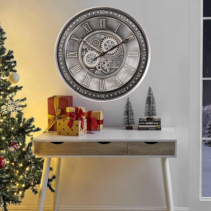CLXEAST 24 Inch Large Moving Gear Wall Clock for Living Room Decor, Antique Silver Metal Roman Numerals Wall Clocks for Home Office