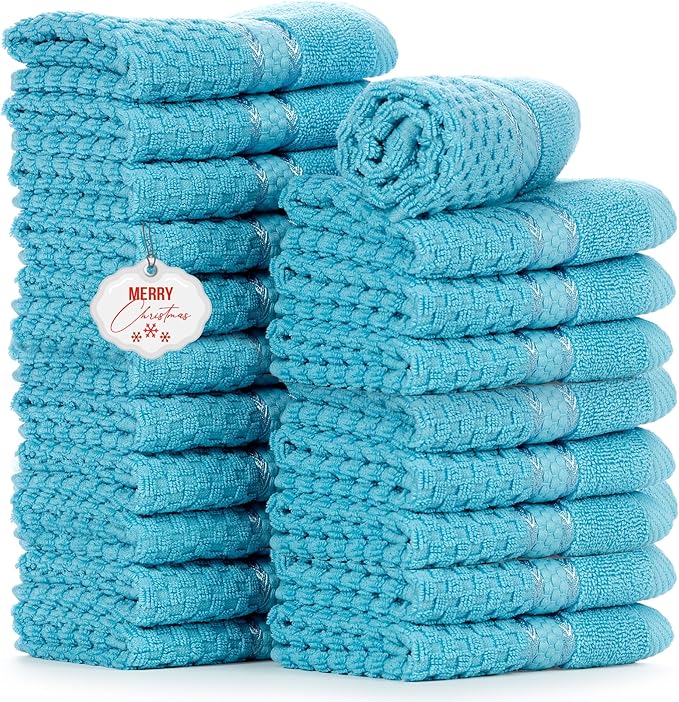 Ample Decor Washcloth Set of 20 Sky Blue 100% Cotton - Qucik Dry Popcorn Textured - Mulaayam Collection - 12 X 12 Inch