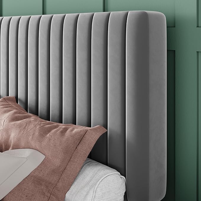 Allewie King Bed Frame, Velvet Upholstered Platform Bed with Adjustable Vertical Channel Tufted Headboard, Mattress Foundation with Strong Wooden Slats, Box Spring Optional, Easy Assembly, Grey