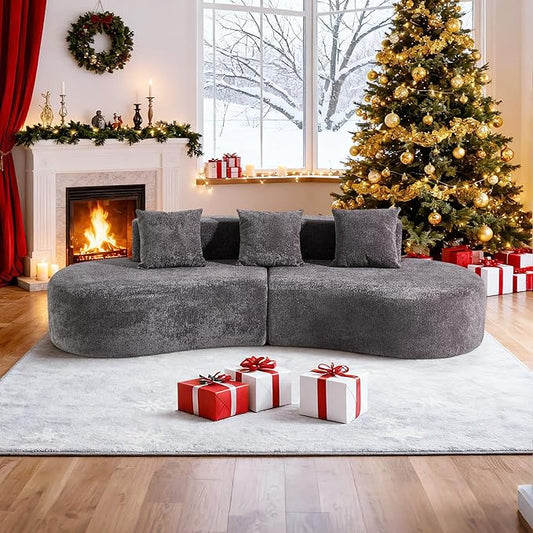 109'' Curved Couch, Mid Century Modern Half Moon Sofa, Luxury 3-Seat Couch with High-Density Foam Filled, Raindrop Velvet Fabric Sectional Sofa for Living Room, Apartment, Office, Grey