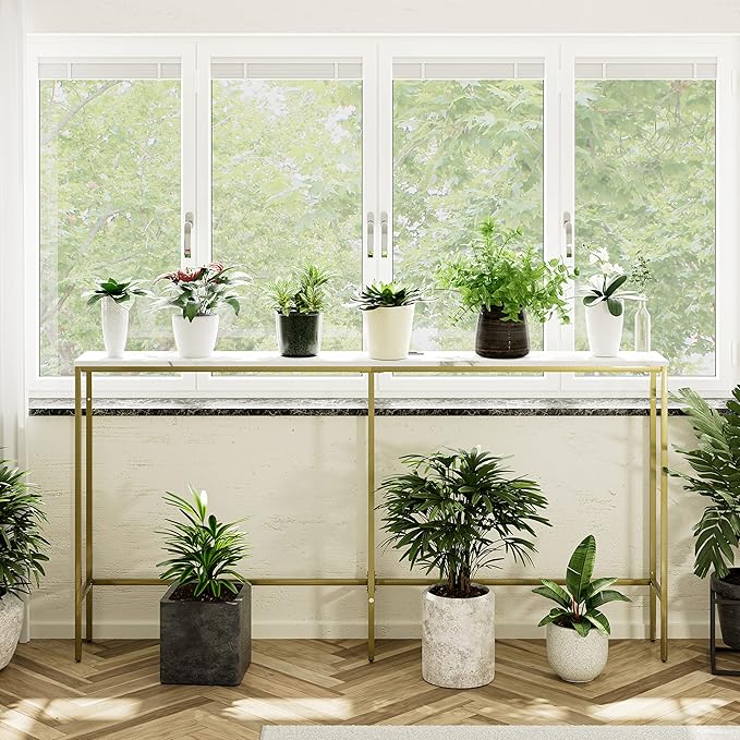 63 Inch Console Table with Power Outlet,Modern Narrow Long Sofa Table Behind Couch,Skinny Entry Table with Gold Metal Frame for Entryway,Living Room, Hallway,Marble White