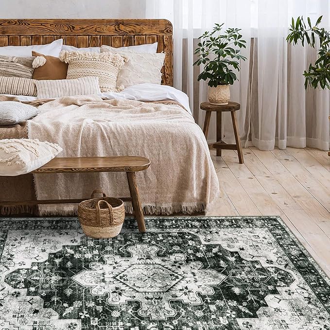 Moynesa Ultra-Thin Washable Vintage 5x7 Area Rugs - Large Boho Living Room Rug Non-Slip Non-Shedding Stain Resistant Indoor Floor Carpet for Bedroom Dining Room Entryway, Black/White
