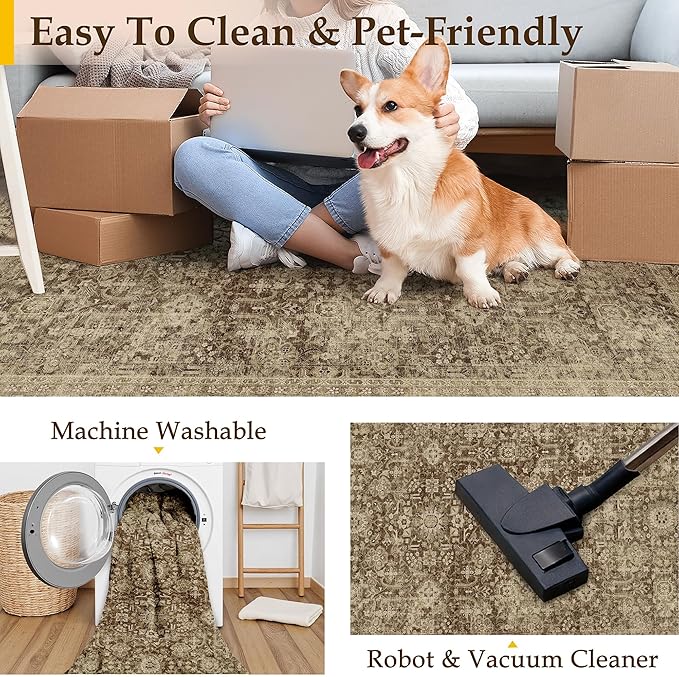 Brown 2x3 Entryway Area Rug Machine Washable Doormat Kitchen Vintage Distressed Non Slip Carpet Indoor Traditional Floral Accent Throw Small Rug for Bathroom Office Bedroom Living Dining Room