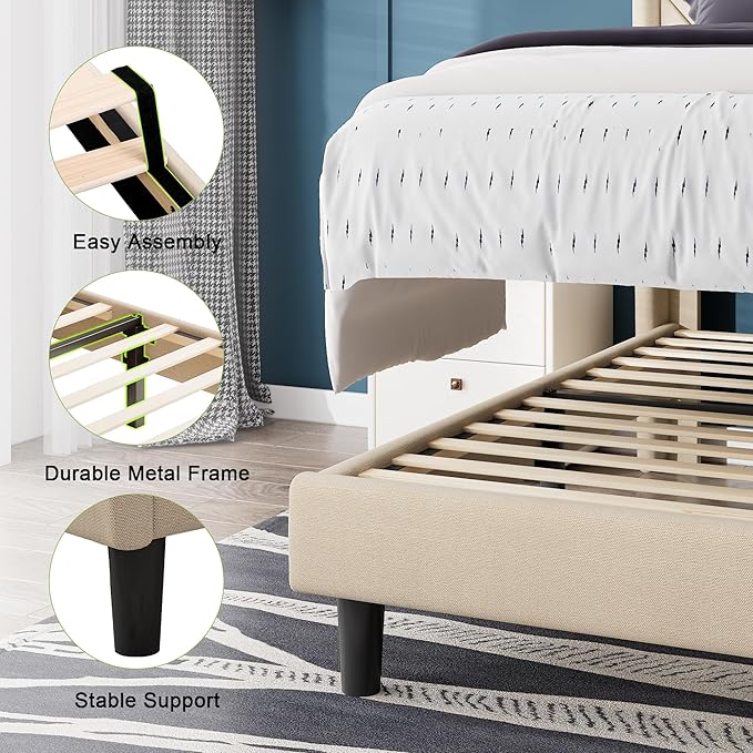 Feonase Twin Size Bed Frame with Charging Station, Upholstered Linen Bedframe with Wingback Headboard, Solid Wood Slats Support, No Box Spring Needed, Noise Free, Beige
