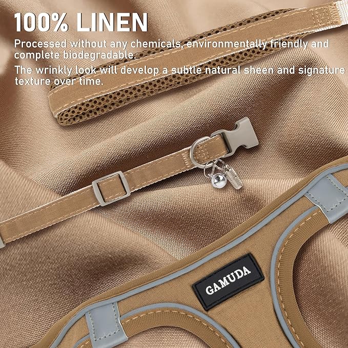 GAMUDA Small Pet Harness Collar and Leash Set, Step in No Chock No Pull Linen Fabric Soft Mesh Dog Vest Harnesses Reflective for Dogs Puppy Cats Kitten Rabbit (Brown, XXS)