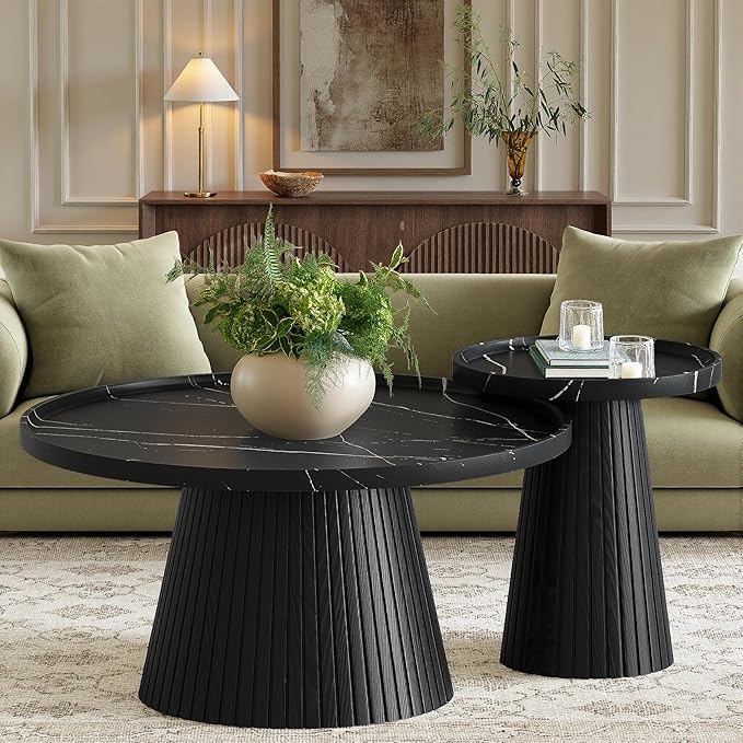 win2win Nesting Coffee Table Set of 2, Modern Coffee Table with Marble Veneer, Fluted Round Tea Table and End Table Set, Minimalist Center Tables for Living Room, Office, Black