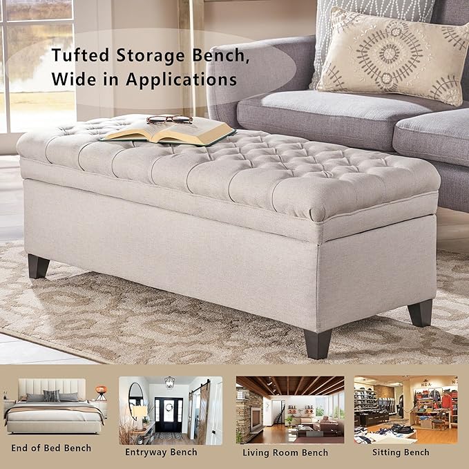 Setawix Linen Storage Benches for Bedroom,50" Bed End Bench with Storage,Tufted Light Grey Storage Ottoman Bench for Living Room,Rectangle Entryway Benches with Storage and Seating (Light Grey, Linen)