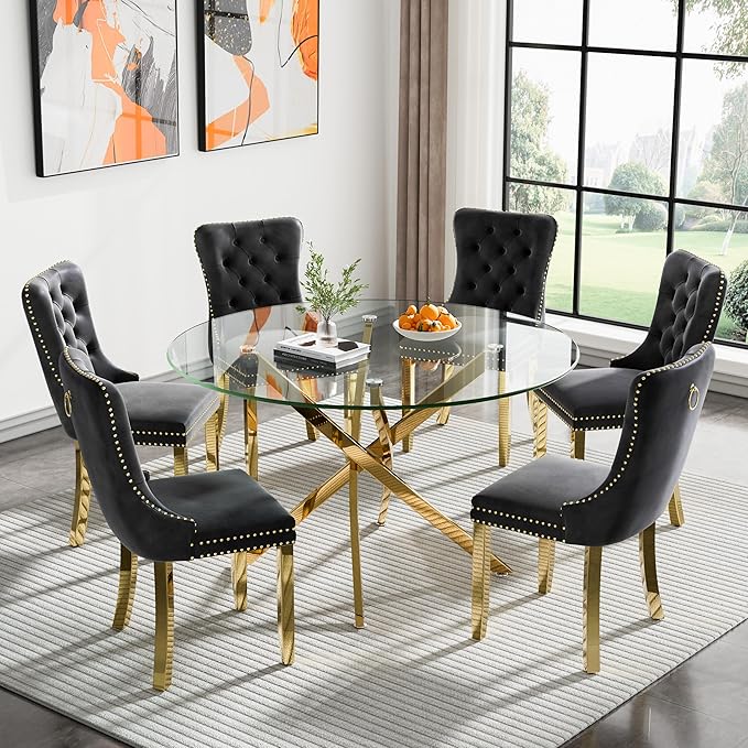 47.24" Round Glass Dining Room Table for 6 with Tempered Glass Top and Gold Chrome Metal Legs, Modern Clear Kitchen and Dinner Table for Home Office Dining Room