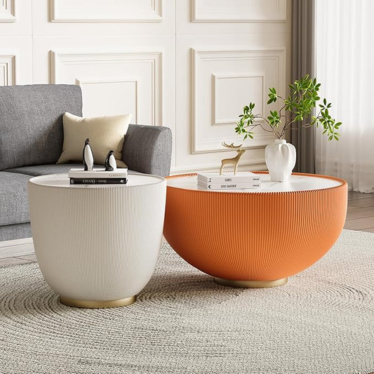 Round Coffee Table Set with Sintered Stone Tabletop, 29.53" Orange Drum Center Table and 19.69" White Coffee Table Set, 2 Pieces Living Room Table Set with Fluted PU Leather Cover& Metal Base