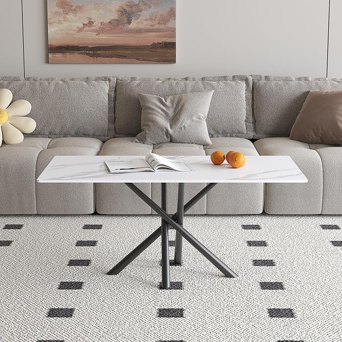 White Marble Coffee Table,Rectangle Modern Table with Sintered Stone Top and Black Metal Legs, 40 Inch Center Table for Living Room Apartment