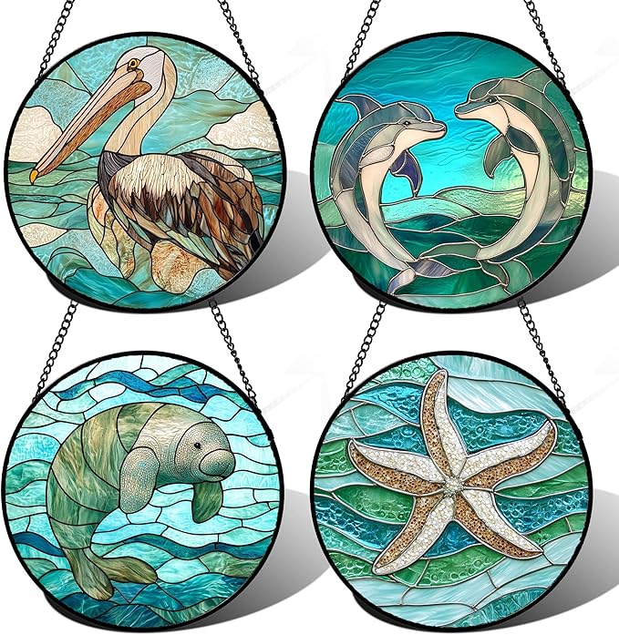 Stained Glass Window Hanging 4 Pcs Set Cyan Ocean Life Theme 6.3" - Sea Starfish Suncatcher Door Garden Sun Catcher Decor Birthday for Mom Woman Nana Men Friend