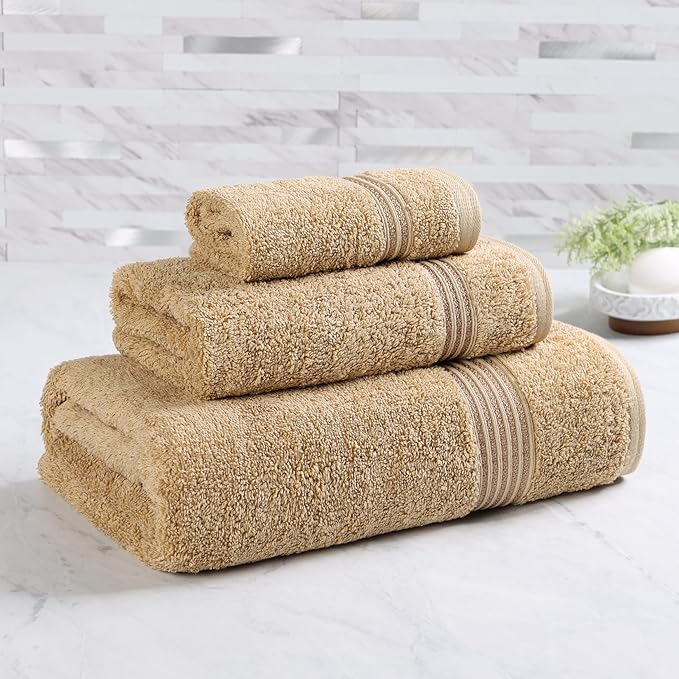 Superior Heritage Egyptian Cotton 3 Piece Towel Set, Assorted Absorbent Towels for Bathroom, Guest Bath, Luxury Home Decor Essentials, Includes 1 Bath, 1 Hand, 1 Face Towel/Washcloth, Toast