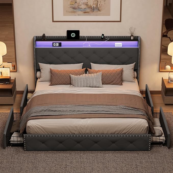 BRELTAM Bed Frame Queen Size with LED and Charging Station Upholstered Velve Tufed Bed Frame with 4 Storage Drawers,Platform Bed with Headboard Heavy Duty Wood Slats, Noise Free, Easy Assembly,Grey
