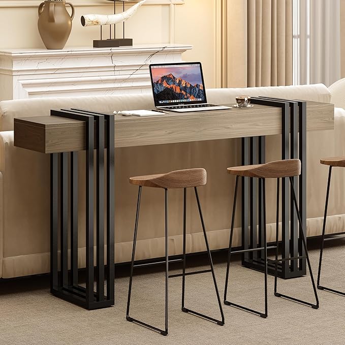 63" Long Console Table for Entryway - Behind Couch Table for Living Room, Wood Sofa Tables with Black Parallel Metal Frame & Power Outlet for Hallway, Entrance, Narrow Foyer, Light Walnut