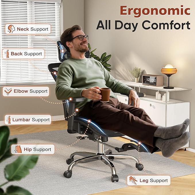 Ergonomic Office Chair with Foot Rest, Home Mesh Desk Chair with Adjustable Lumbar Support, 3D Armrest, 3D Headrest, 90°-135° Lockable Reclining Function, Comfy High Back Swivel Computer Gaming Chairs