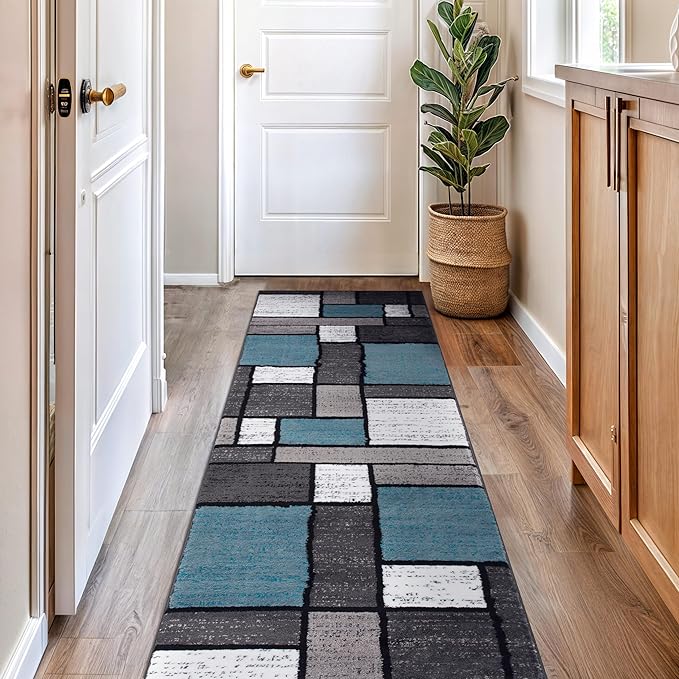 Rugshop Contemporary Modern Boxes for Home Office,Living Room,Bedroom,Kitchen Non Shedding Runner Rug 2'7" x 6' Blue