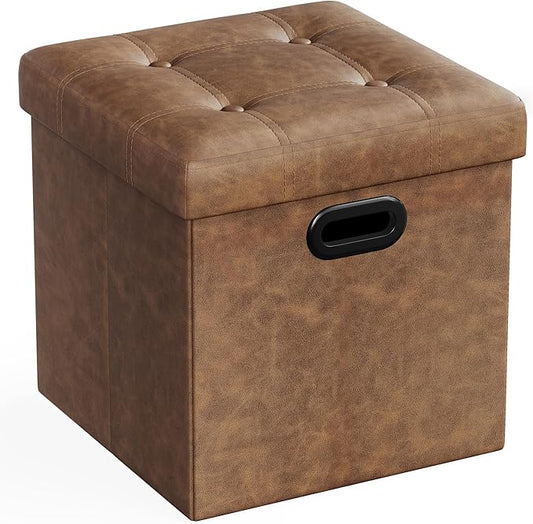 SONGMICS Mazie Collection - 15 Inches Ottoman with Storage, Footstool, Storage Ottoman with Metal Handles, Load 660 lb, for Dorm, Living Room, Bedroom, Synthetic Leather, Coffee Brown ULSF030K01
