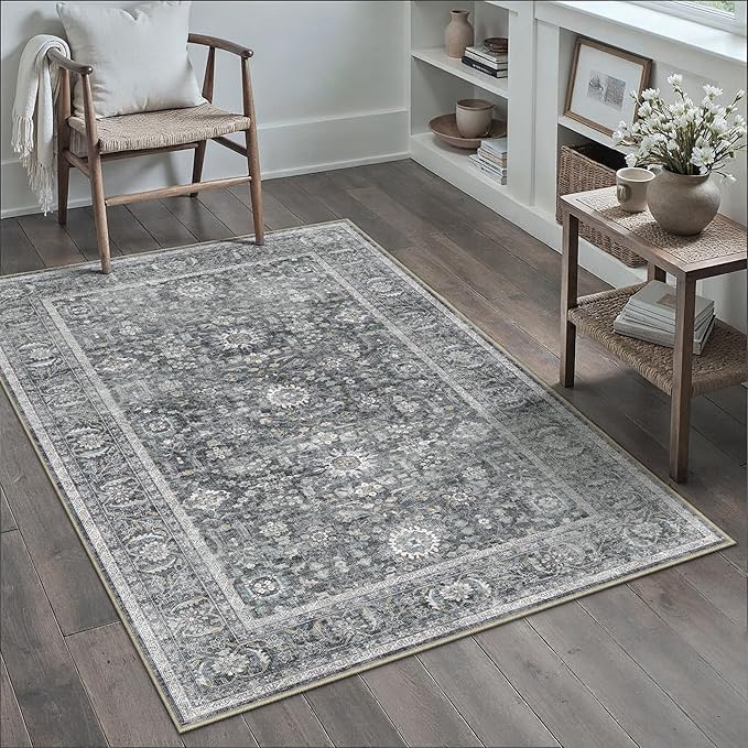 Blue 3x5 Area Rug Non Slip Vintage Office Entryway Rug Distressed Machine Washable Kitchen Carpet Retro Traditional Floral Accent Throw Door Mat for Bedroom Bathroom Dining Living Room