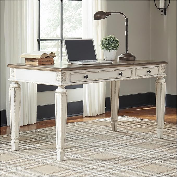 Signature Design by Ashley Realyn French Country 60" Home Office Lift Top Desk with USB Charging, Chipped White