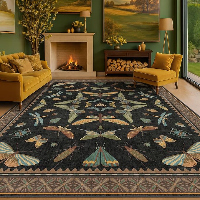 Black Washable 7x9 Large Area Rugs for Living Room, Vintage Insect Soft Rug for Bedroom, Dining Room Under Table, Boho Nature Butterfly Design - Low Pile Non Slip Carpet
