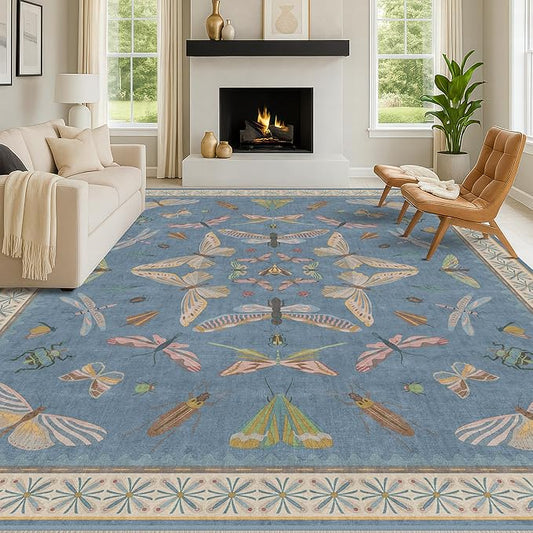 Washable Living Room Rug 8x10, Dusty Blue Area Rugs for Bedroom Under Bed, Dining Room Under Kitchen Table, Kids Room, Playroom, Lage Modern Boho Carpet, Ultra Soft Stain Resistant Colorful Decor