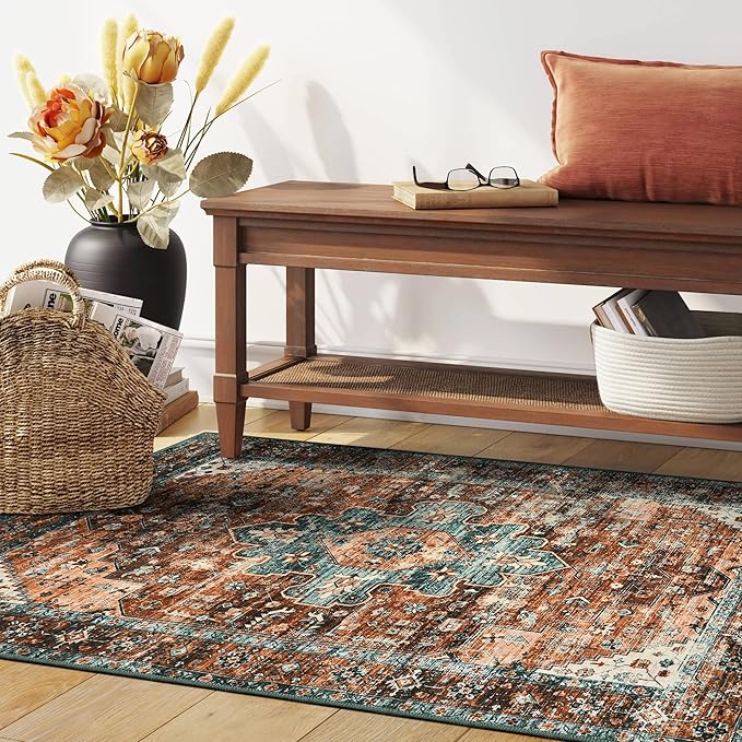 Moynesa Ultra-Thin Washable Vintage Area Rug - 3x5 Boho Non-Slip Entryway Rug Oriental Medallion Living Room Rug Entrance Mat Carpet for Kitchen Laundry Bathroom Bedroom, Brick Red/Dull Teal