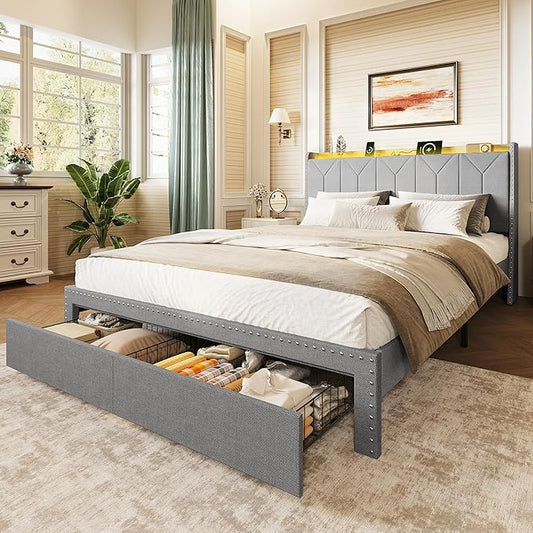 WLIVE Queen Size Upholstered Bed Frame with 2 Drawers, Linen Tufted Storage Headboard with Charging Ports and LED Light, Sturdy Metal & Wooden Slats Support, No Box Spring Needed, Light Grey