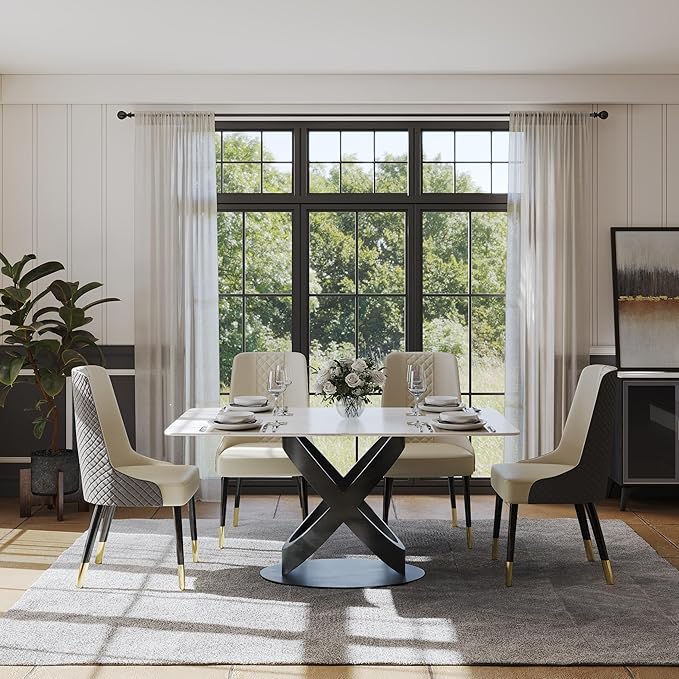 POVISON 63" Modern Dining Table for 4-6 People, Matte White Dining Room Table, Sintered Stone Dinner Tabletop with X-Shape Carbon Steel Pedestal, Rectangle Table for Kitchen Living Room(Table Only)