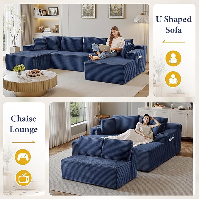 133" Couches for Living Room Deep-Seat Sectional Couch for Living Room Corduroy Boneless Couchs U-Shape Cloud Couch Flexible Modular Sectional Sofa with Chaise Lounge (Blue, with Cup Holder)