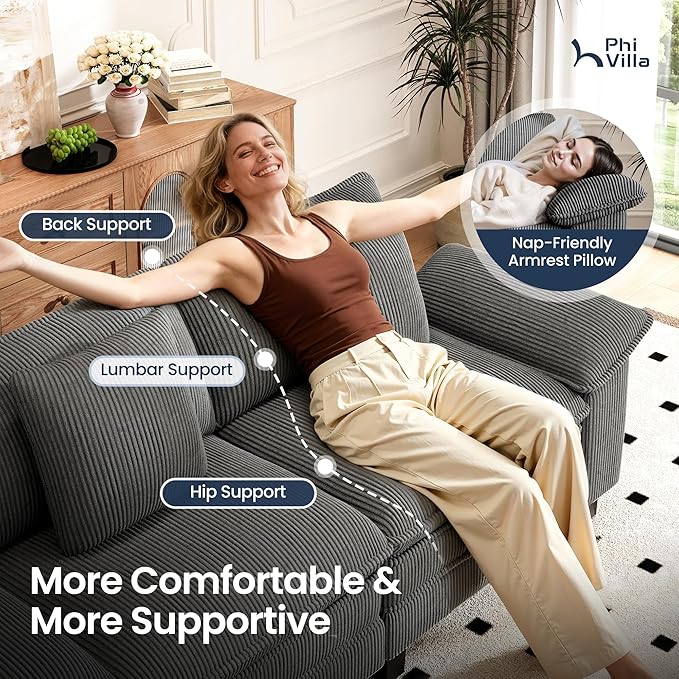 PHI VILLA Cloud Modular Couches Sets, 87.5" Sectional Loveseat Sofa with Upholstered Deep Seat, 2-Seater Comfy Couches for Living Room Bedroom, Corduroy Fabric, Grey