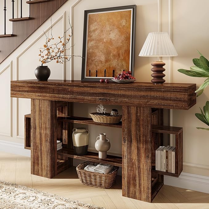 63 Inch Long Console Table for Entryway, Farmhouse Wooden Sofa Table Behind Couch with 3-Tier Storage Shelf, Narrow Entry Accent Table for Living Room, Hallway, Foyer, Rustic Brown