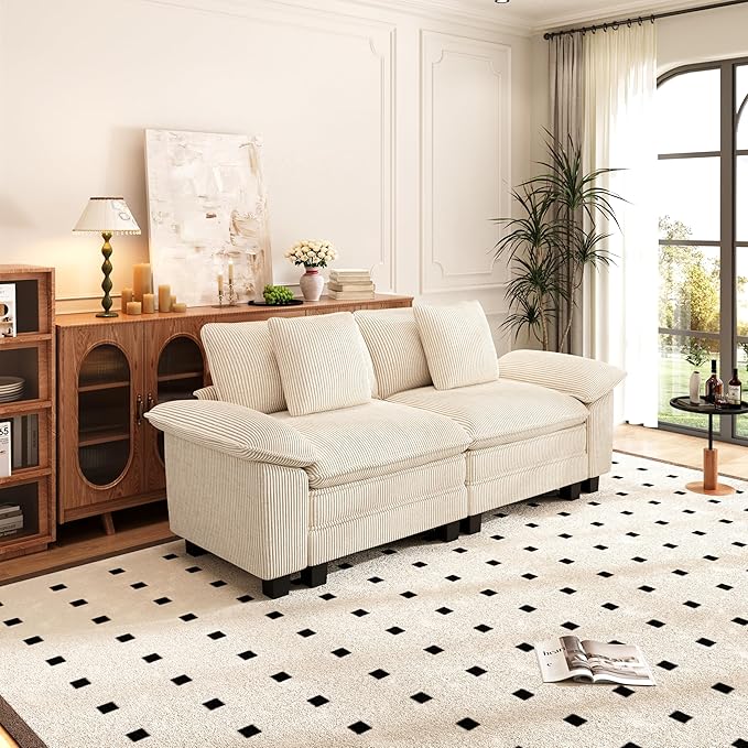 PHI VILLA Cloud Modular Couches Sets, 87.5" Sectional Loveseat Sofa with Upholstered Deep Seat, 2-Seater Comfy Couches for Living Room Bedroom, Corduroy Fabric, Beige