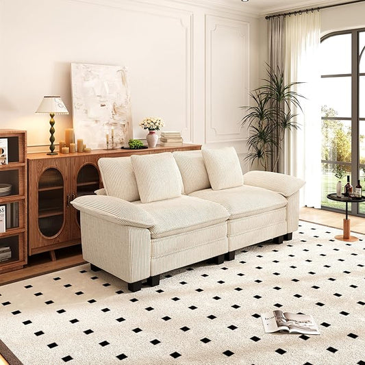 PHI VILLA Cloud Modular Couches Sets, 87.5" Sectional Loveseat Sofa with Upholstered Deep Seat, 2-Seater Comfy Couches for Living Room Bedroom, Corduroy Fabric, Beige