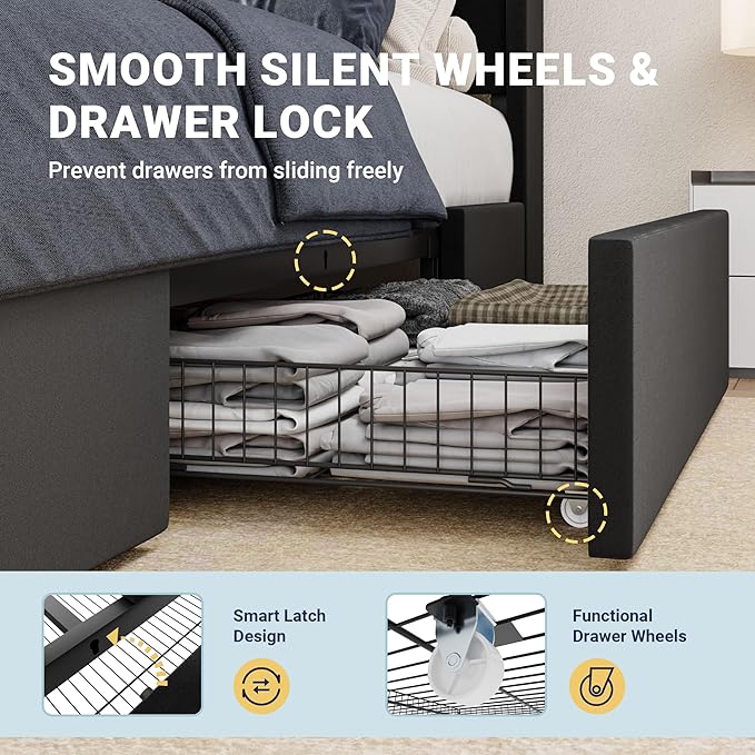 Allewie King Size Velvet Bed Frame with 3 Storage Drawers, Upholstered Platform Bed with Wingback Storage Headboard and USB Ports, No Box Spring Needed, Easy Assembly, Black