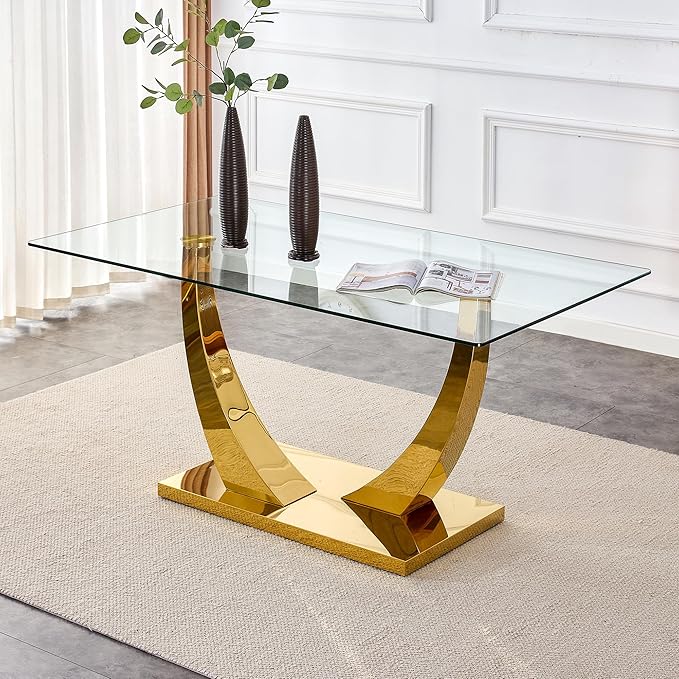 Modern Gold Dining Table for 6-8,Rectangular Glass Dinner Table with Tempered Glass Tabletop and Golden Plating Metal U-Shaped Pedestal for Kitchen Dining Room (Gold5)
