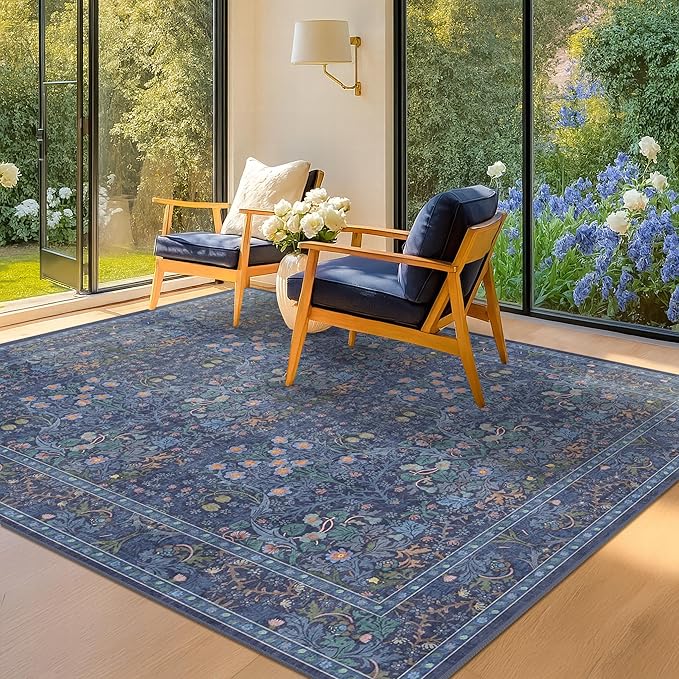 Dark Navy Blue Living Room Rug 5x7 Area Rug - Vintage Floral Forest Washable Mat for Dining Room, Bedroom, Low Pile Non Slip Stain Resistance Distressed Retro Indoor Boho Carpet