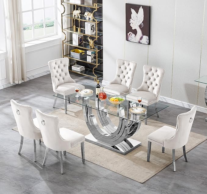 7 Piece Dining Table Set with 6 Beige Dining Chairs, Modern Glass Kitchen Table and Chairs Set for 6, 70" Rectangle Silver Glass Pedestal Dining Room Tables with Ring-Shape Stainless Steel Base