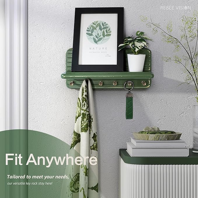 Rebee Vision Pine Wooden Key Holder Wall Mount for Home Decor – Decorative Key Holder for Wall with 6 Hooks & Floating Shelf – Rustic Organizer for Room Decor Aesthetic (Green)