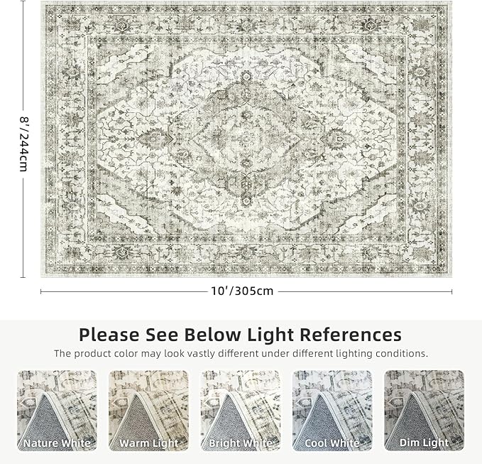 Deerly Washable Rugs 8x10 Area Rug Large Rugs for Living Room - Boho Large Vintage Non-Slip Distressed Carpet Aesthetic Print Floor Rug Cream