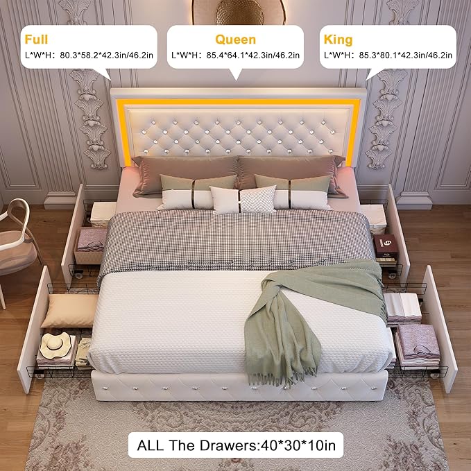 King Led Bed Frame with 4 Storage Drawers, Bed Frame with Led Lights No Box Spring Needed, 900 lbs Capacity, Easy Assembly, Velvet Cream