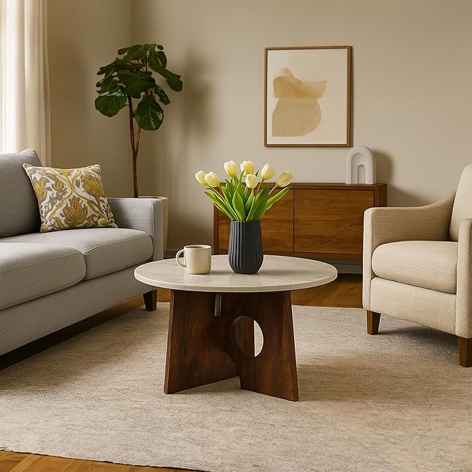 TUP THE URBAN PORT Kali Coffee Table | 27" Natural Round Marble Tabletop | Dark Brown Mango Wood Sculptural Base