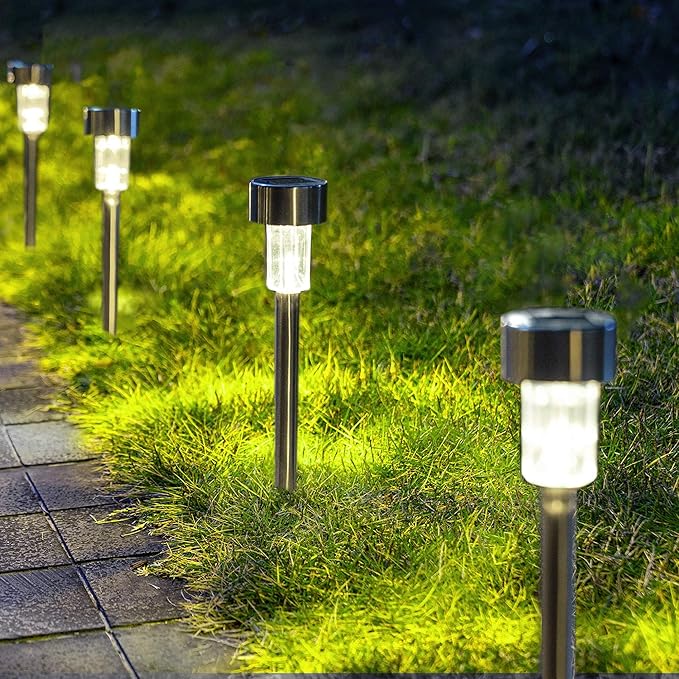 GIGALUMI Solar Pathway Lights, Stainless Steel IP44 Waterproof Auto On/Off Outdoor LED Solar Landscape Lights for Garden, Yard, Patio, Path and Walkway(20 Pack, Cold White)
